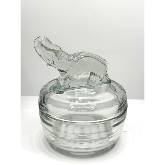 Vintage Jeanette Elephant Crystal Clear Glass Powder Trinket Covered Dish - Picture 4 of 9